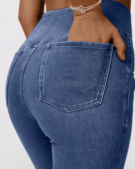 Pantalon Haute Élasticité Mode Poche Évasé