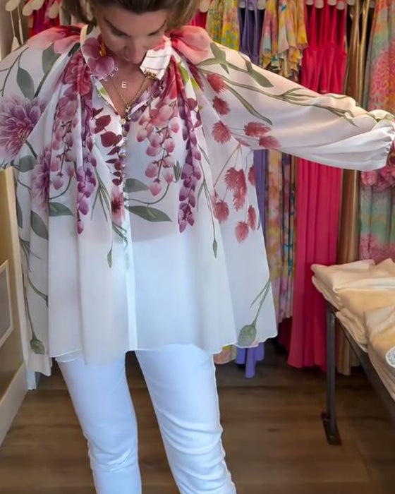 Blouse Manches Lanterne Décontractée Imprimée