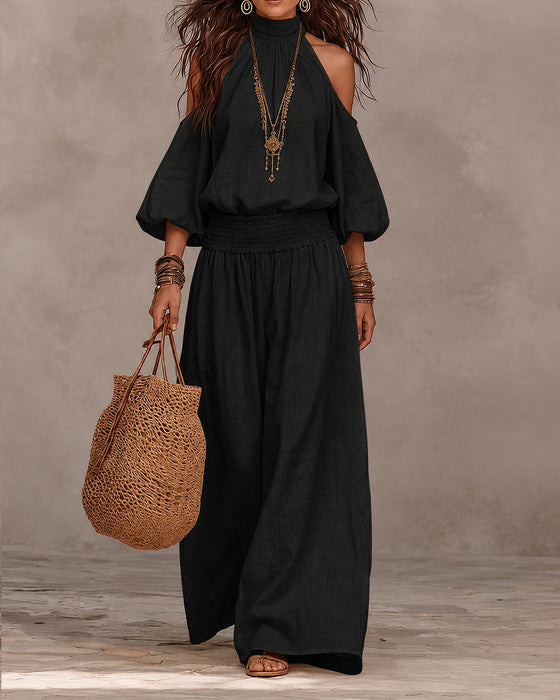 Ensemble Hors-Épaule Manches Longues Froncé Pantalon
