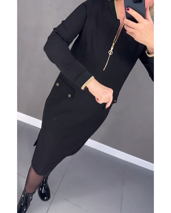 Robe droite à col montant et fermeture éclair contrastante