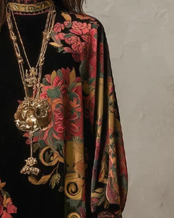 Robe Mock-Neck Floral Velvet Manches Longues Maxi