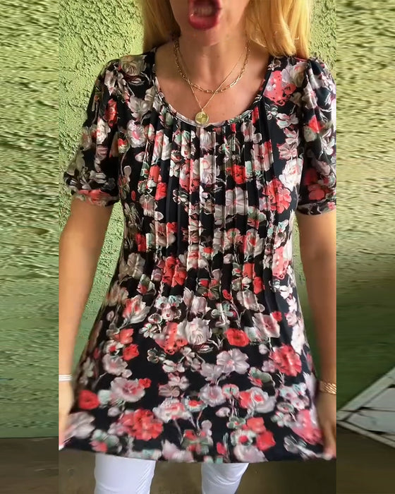 Chemisier Col rond Manche bouffante Plissé Fleuri