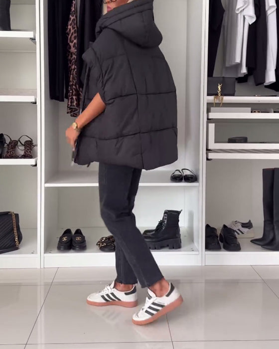 Vestes matelassées à manches courtes avec fermeture éclair et capuche de couleur unie