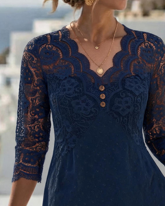 Robe Col V Dentelle Patchwork Ligne A