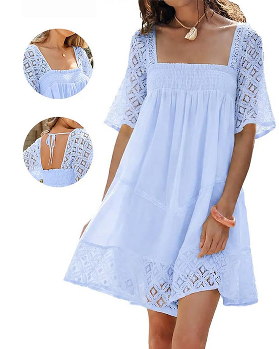 Robe Col Carré Dentelle Patchwork Unie