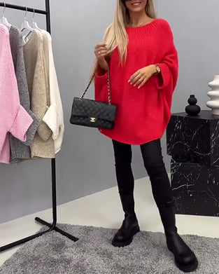 Pull tendance à manches chauve-souris et col rond de couleur unie