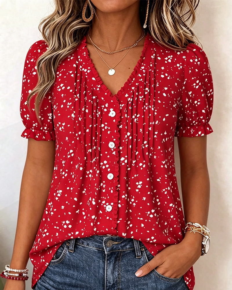 Blouse Col En V Plissée Petit Fleuri