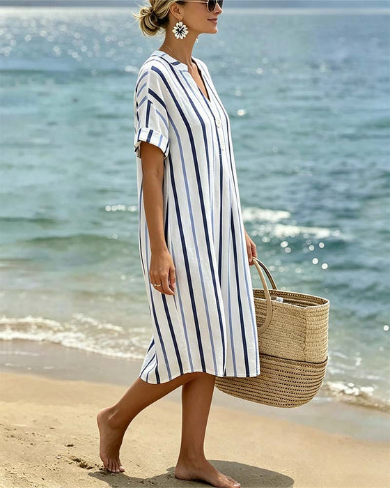 Robe Col V Rayée À Manches Courtes