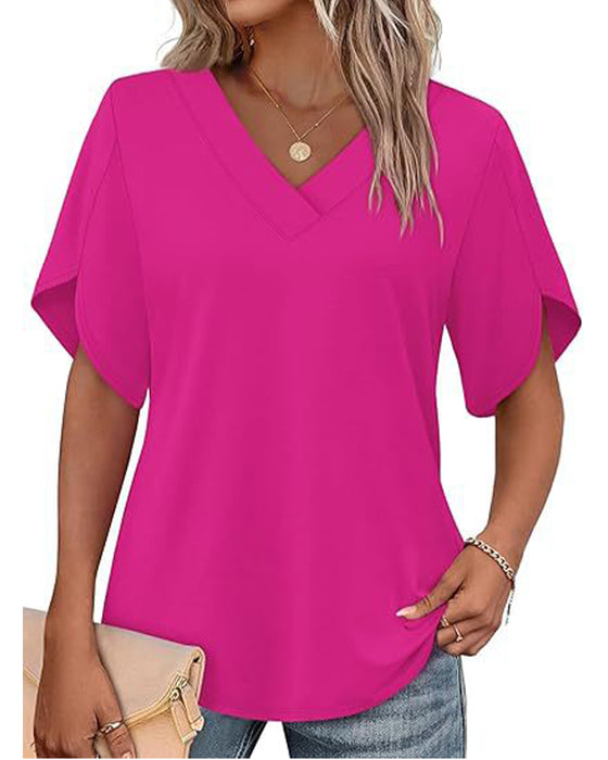 T-Shirt Col En V Petite Fente Manches Courtes Unie