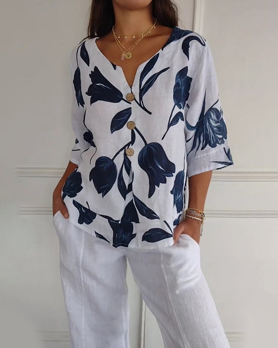 Haut boutonné en coton et lin imprimé fleuri