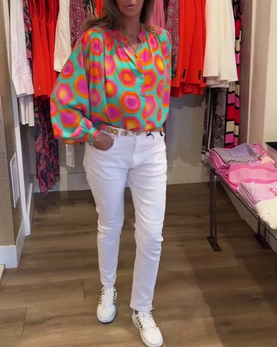 Chemise col montant imprimé géométrique coloré