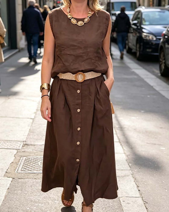 Ensemble Col Rond Sans Manches Bouton
