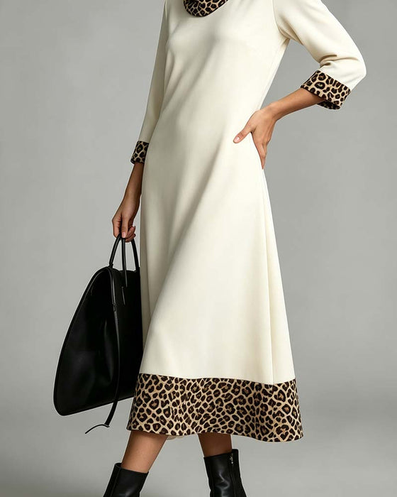 Robe Col Mock Décontracté Léopard Manche Coude