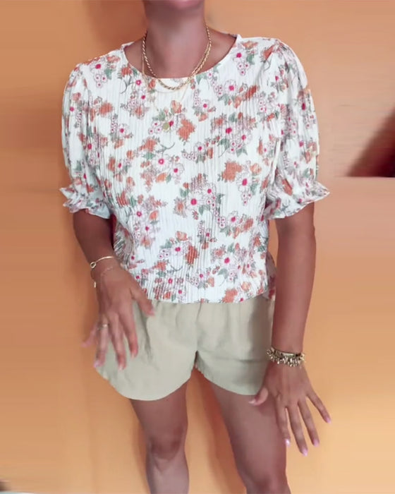 Blouse Col Rond Fleuri Manche Courte