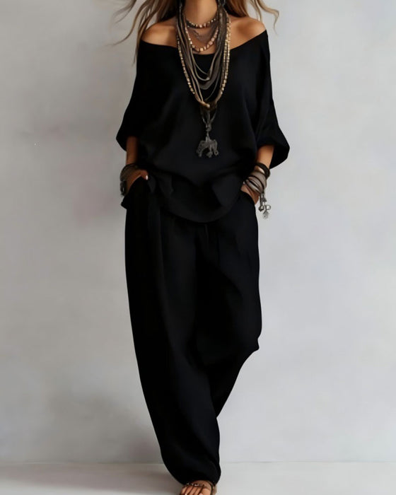 Ensemble Off-Shoulder Pantalon Large Deux Pièces