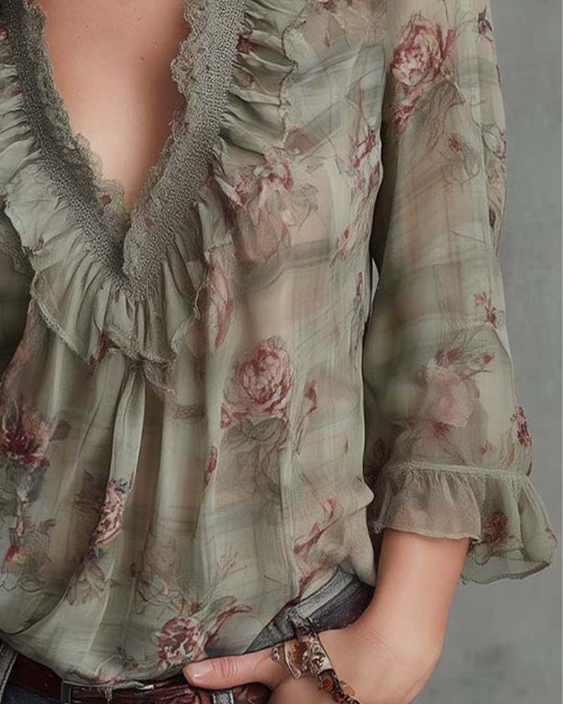 Blouse Fleuri Col V Froncé