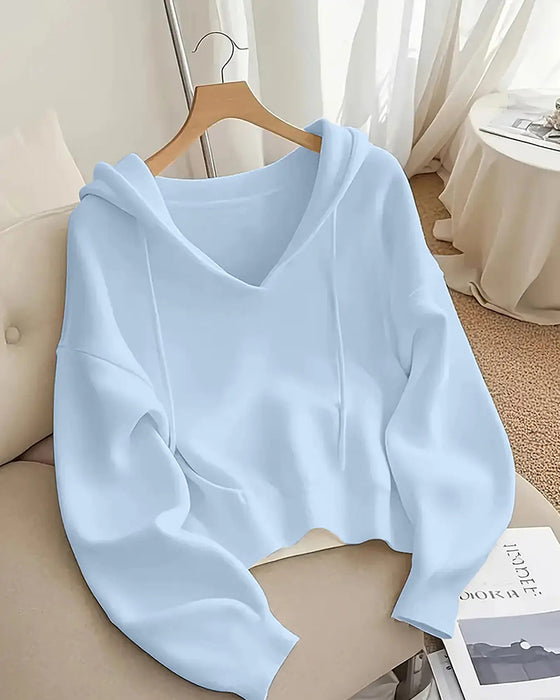 Pullover Court Col En V Capuche