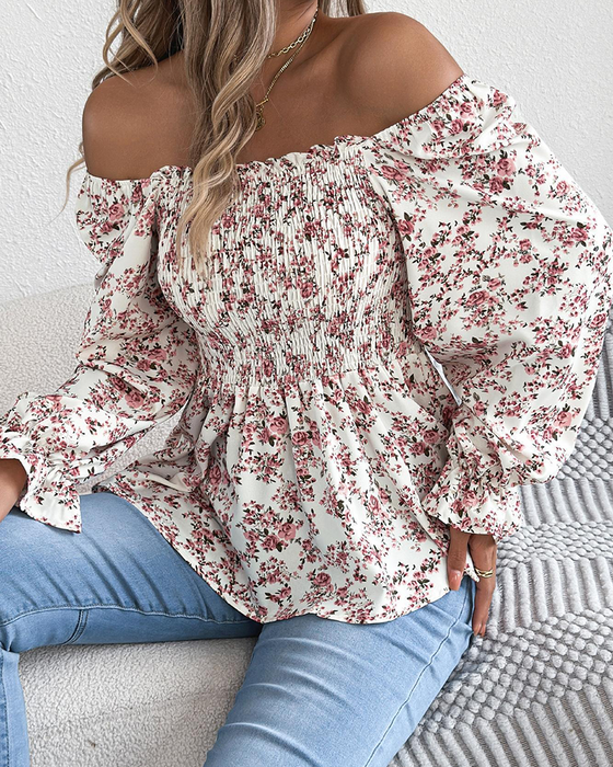Blouse Col Carré Froncée Fleurie Volant