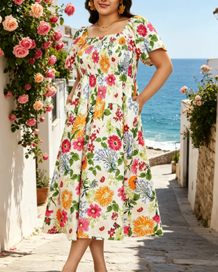 Robe Col Carré Grand Motif Floral Midi