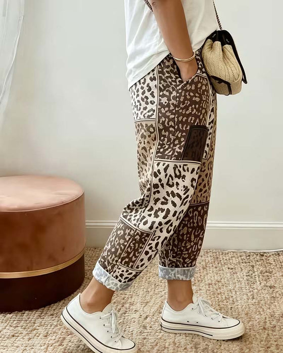 Pantalon Léopard Imprimé Carreau Contraste Patchwork Décontracté
