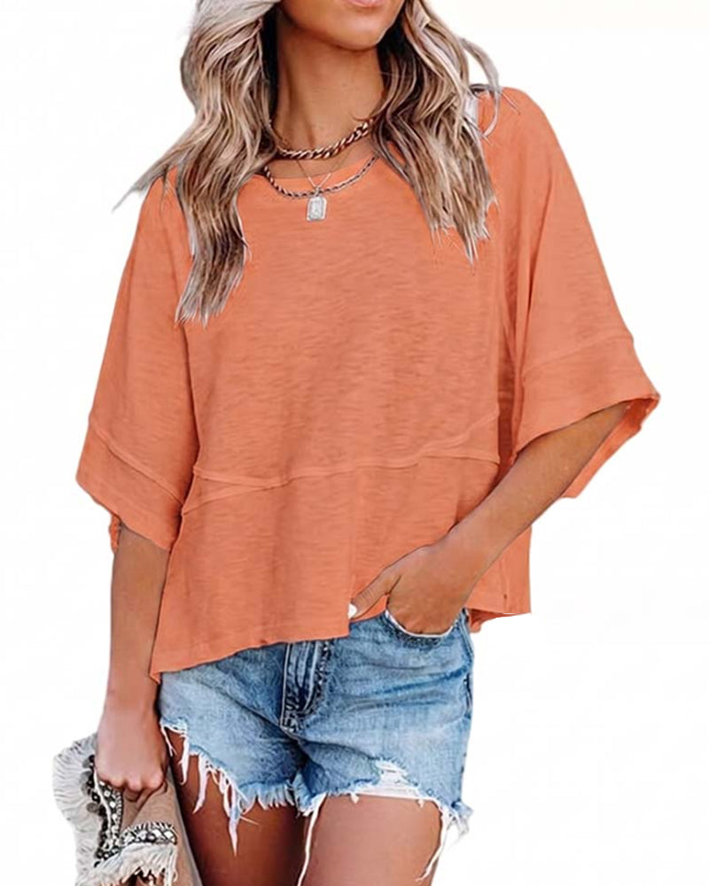 T-Shirt Sans Fente Rapiécé Uni Manche Cloche