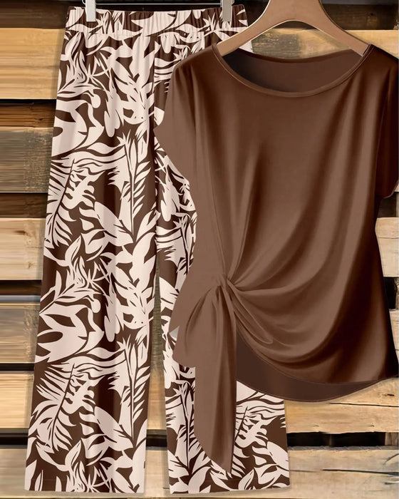 Set Nœud Blouse Imprimé Large Jambe Pantalon