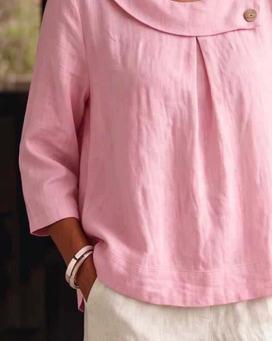 Blouse Ourlet Roulé Col Rond Bouton Lâche