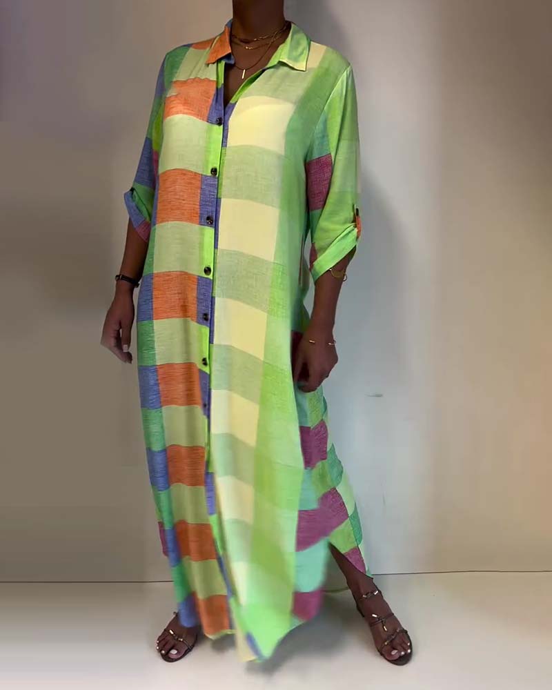 Robe à Carreaux Col Bloc de Couleur Chemise