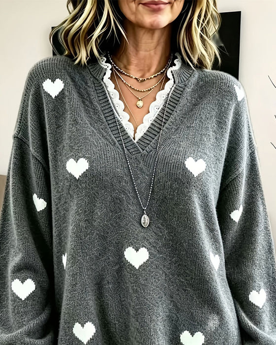Pull Cœur Imprimé Col V