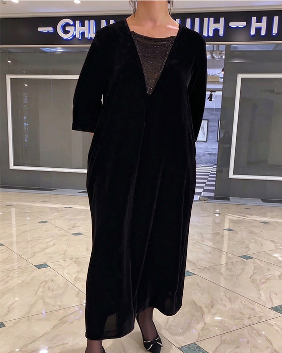 Robe Col En V Manche Mi-Longue Ample Évasée