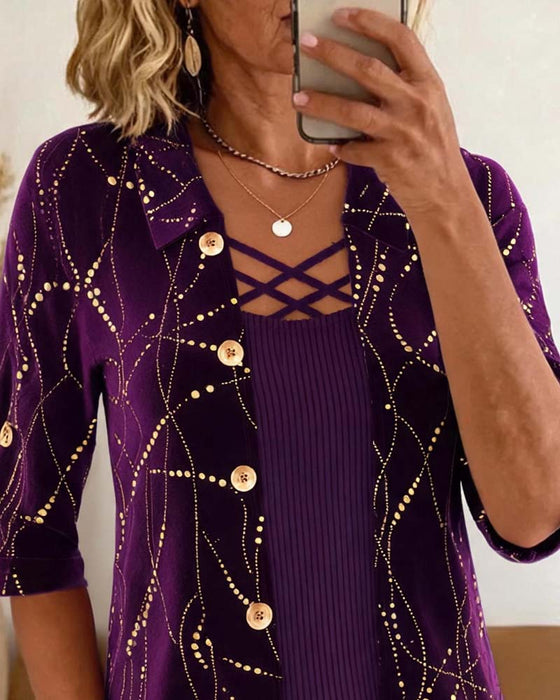 Blouse Revers Bouton Devant Croisé Fausse Superposition