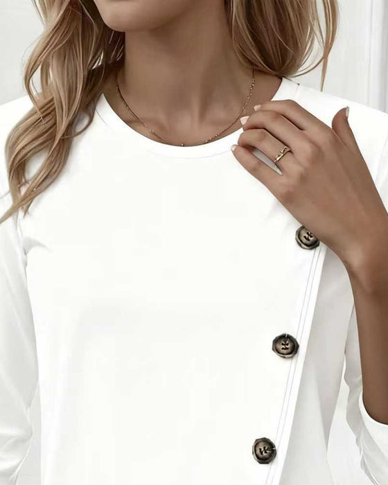 T-Shirt Irrégulier Faux Bouton Manches Longues