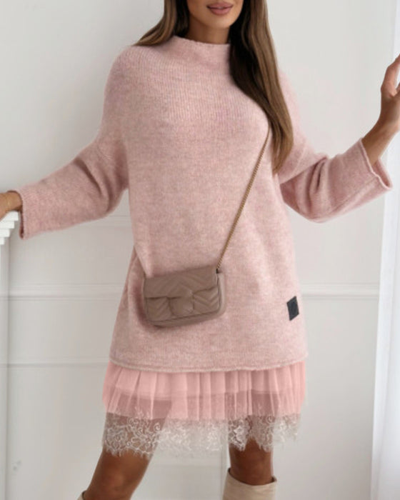 Ensemble robe pull col montant en maille décontractée de couleur unie