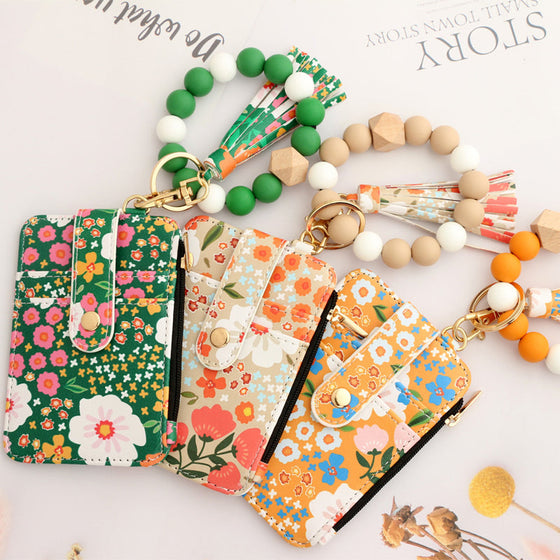 Petit Porte-Monnaie En Cuir Floral Avec Porte-Clés Et Bracelet