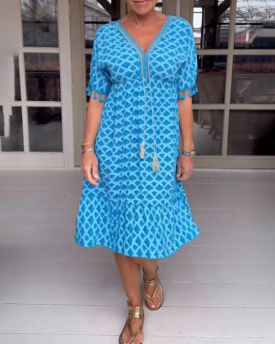 Robe col V imprimée à franges