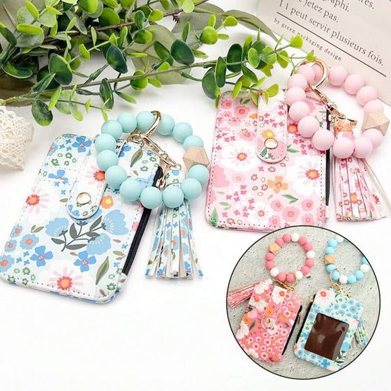 Petit Porte-Monnaie En Cuir Floral Avec Porte-Clés Et Bracelet