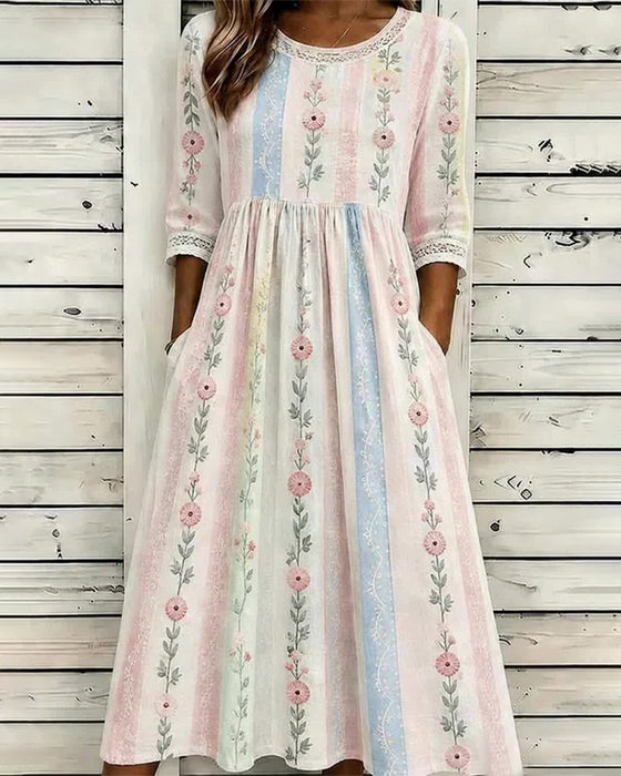Robe Fleurie Rayée Bloc De Couleur Coupe A