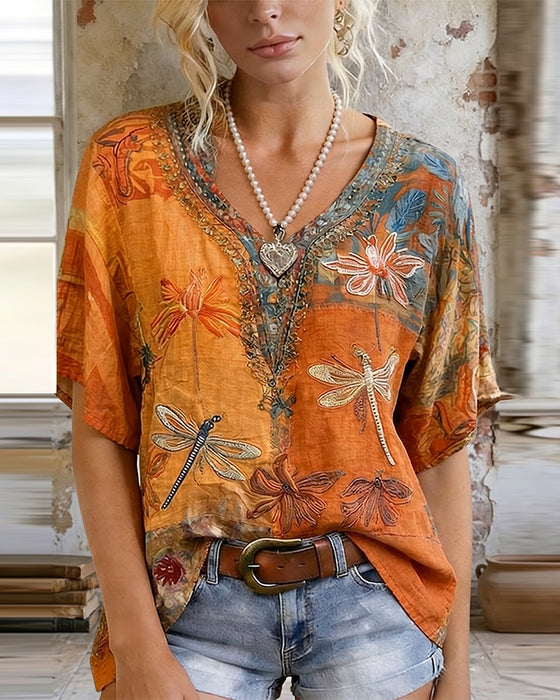 Blouse Vintage Imprimé Libellule Décontractée