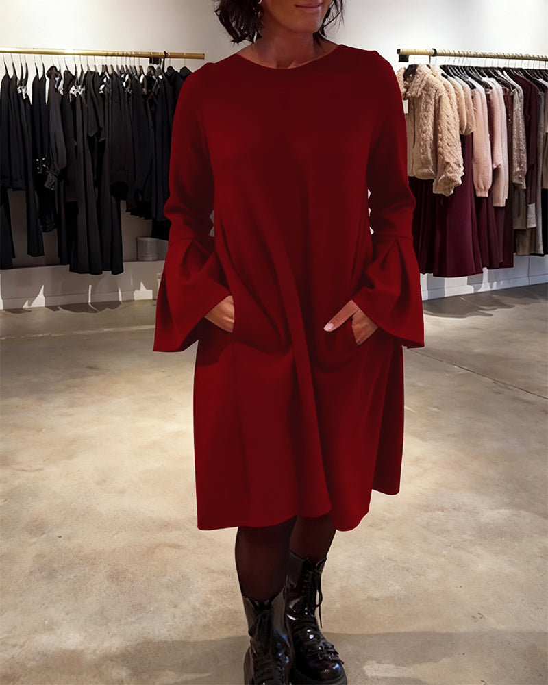 Robe Uni Manche Évasée Froncé