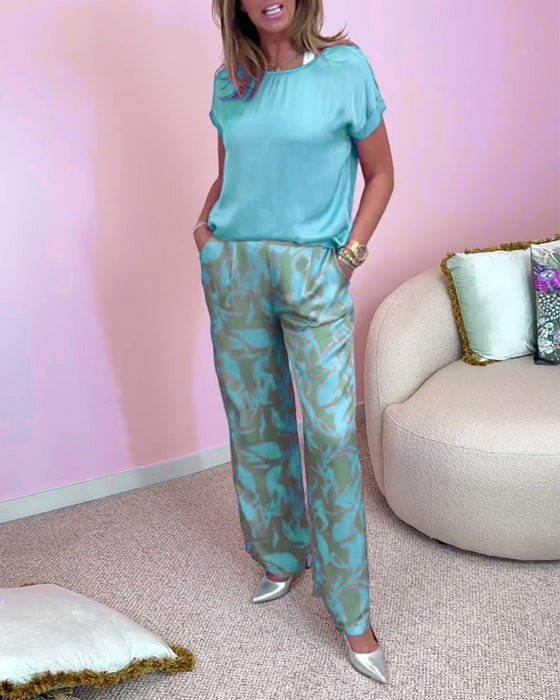 Ensemble décontracté imprimé avec poches et manches courtes