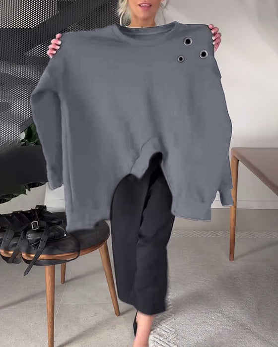 Sweat-shirt décontracté à col rond et fente de couleur unie