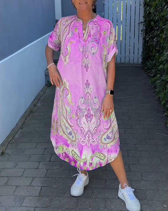 Robe imprimée à col en V et manches repliées