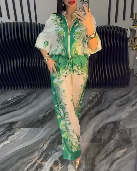 Costume à Pantalon Large Tempérament Col Montant Fermeture Éclair