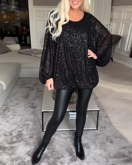 Haut à paillettes à manches ballon et col rond