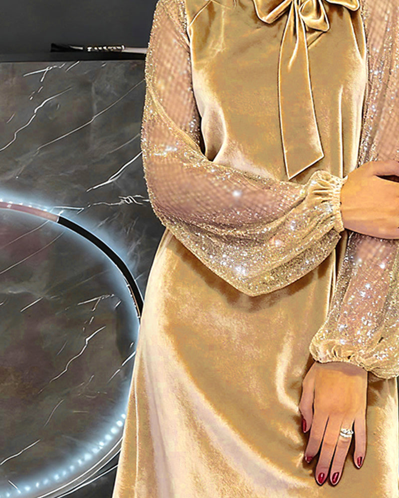 Robe Élégante À Manches Ballon Et Patchwork