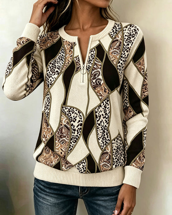Sweatshirt Col Rond Fermeture Éclair Léopard Patchwork