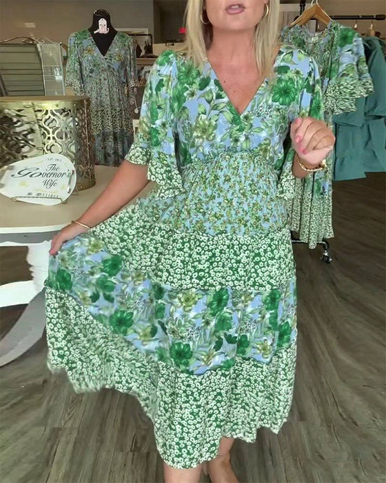 Robe Encolure En V Manche Lotus Fleuri