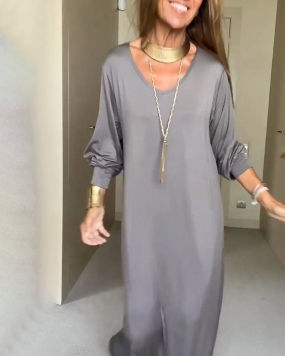 Robe décontractée à col en V de couleur unie