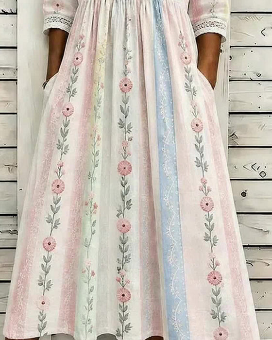 Robe Fleurie Rayée Bloc De Couleur Coupe A
