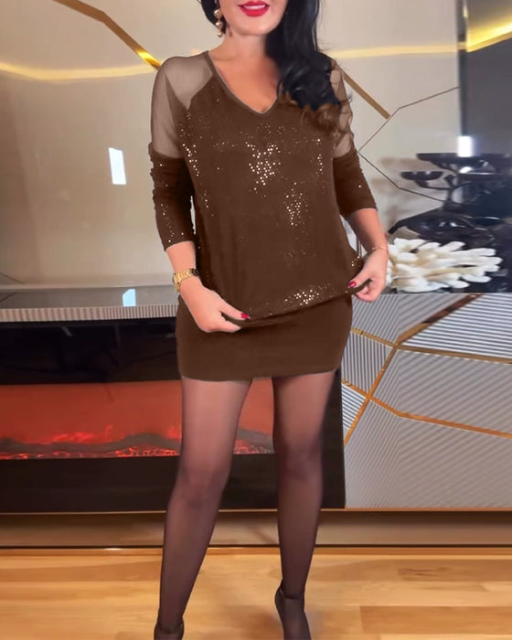 Top sexy col V en maille et sequins couleur unie